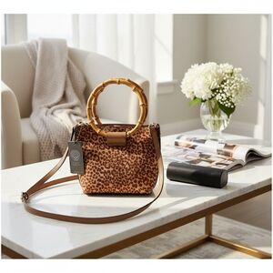 Vince Camuto Leopard Print Crossbody Bag with Bamboo Handle NWT